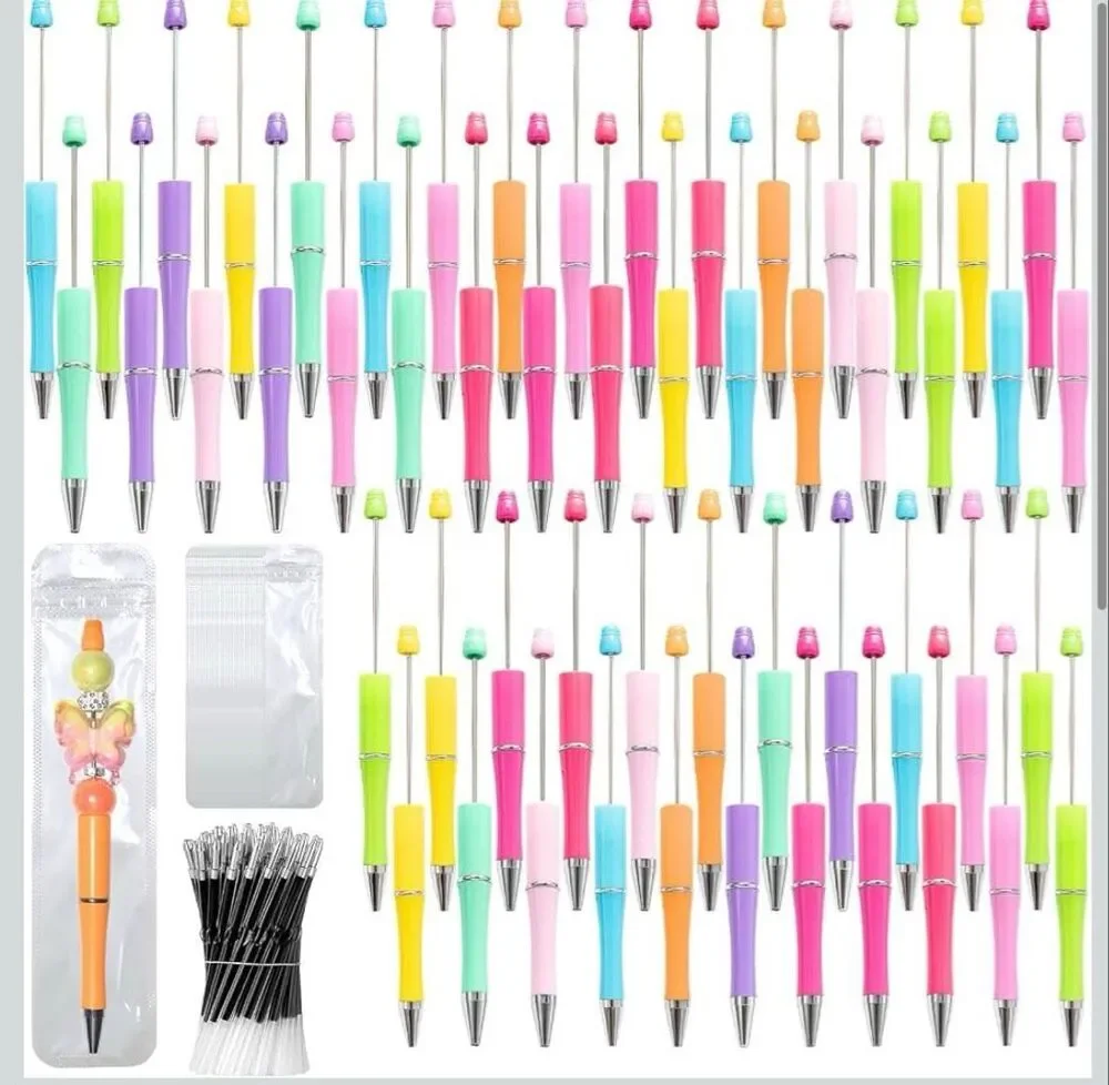 300 Pieces DIY Beadable Pen Kit – 100 Plastic Ballpoint Pens with Refills & Bags